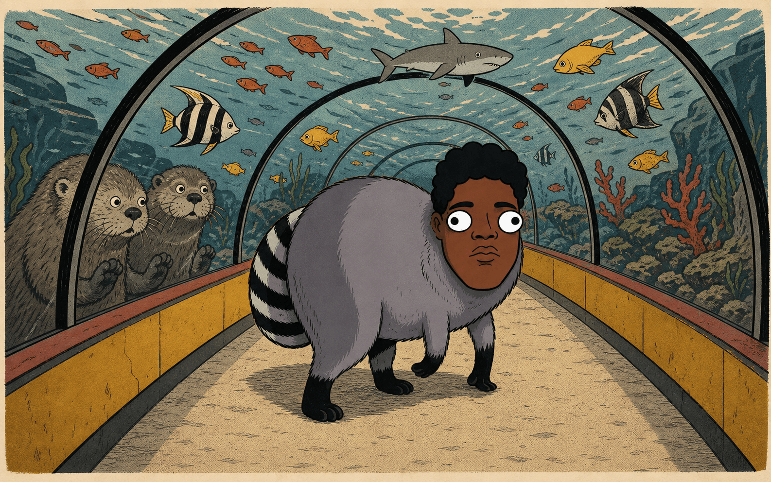 JIMSEM standing in an aquarium tunnel beneath fish and a small shark