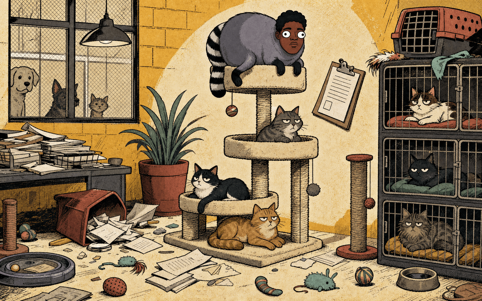 JIMSEM wedged into a cat tree inside a chaotic animal shelter