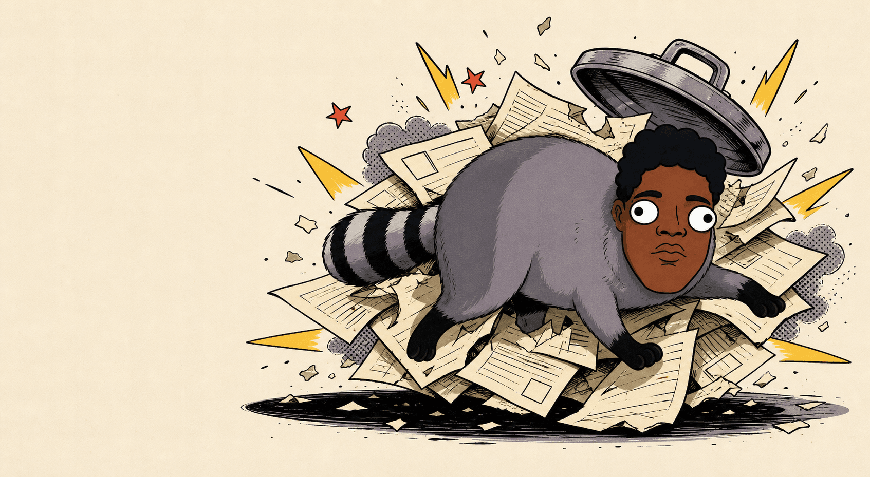 JIMSEM, a worried human-faced raccoon, crashing through a stack of incident reports
