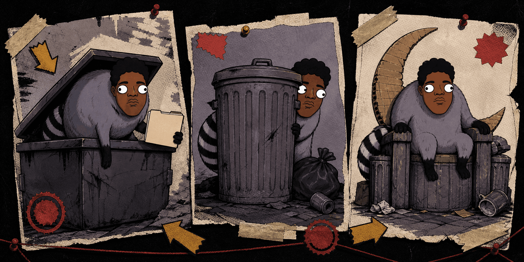 Three illustrated evidence photos of JIMSEM hiding around trash cans